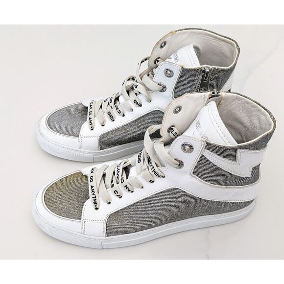 Zadig & Voltaire ZV1747 High Flash Sneakers Women’s Sz 7 White Metallic Leather - Picture 4 of 12